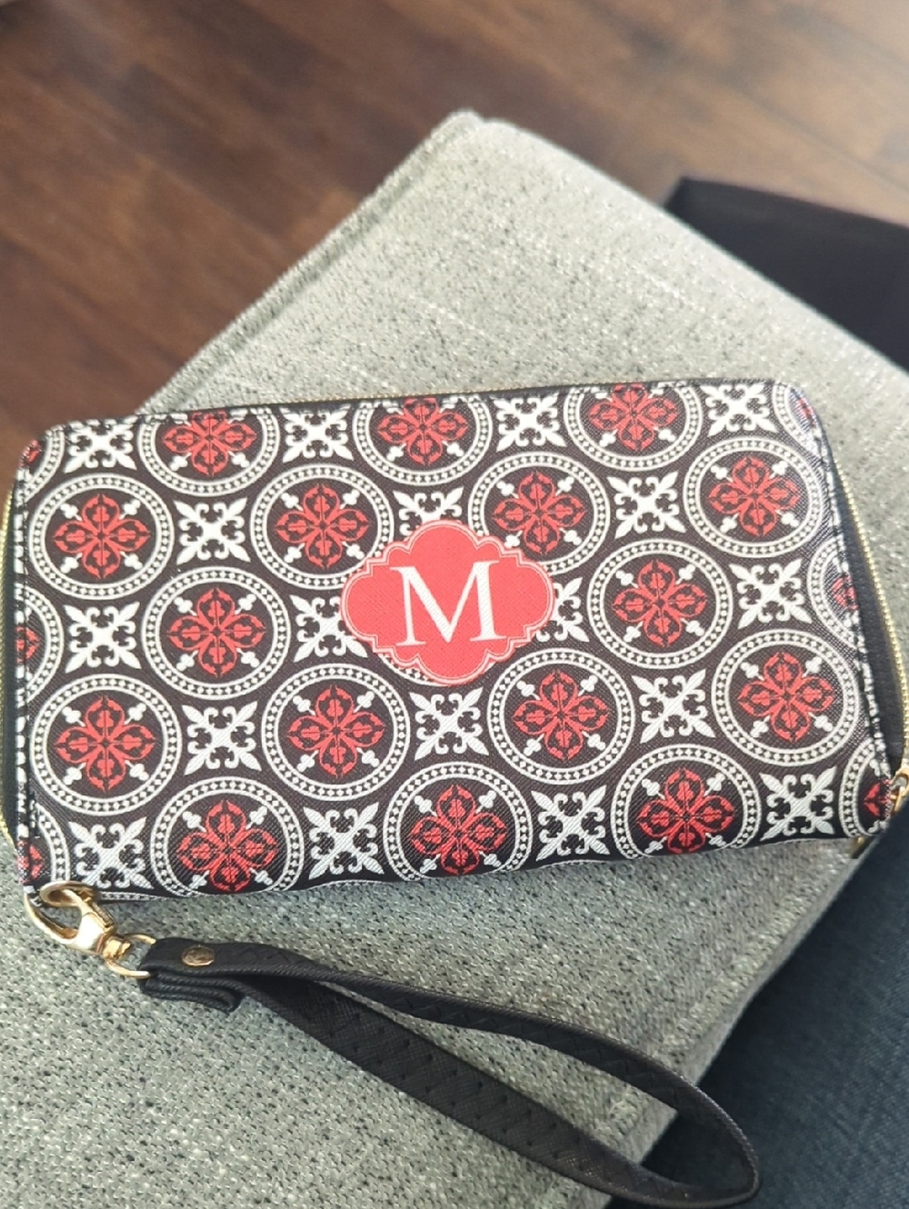 Monogrammed Patterned Wristlet Wallet - Black & Red